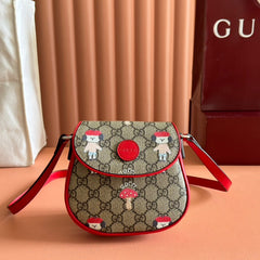 CHILDREN'S PRINTED GG SHOULDER BAG IN BEIGE AND DARK BROWN GG CANVAS RED TRIM