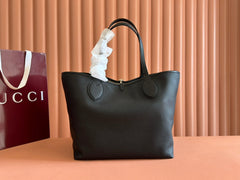 MEDIUM TOTISSIMA REVERSIBLE TOTE BAG 30 IN BLACK CALFSKIN BEIGE AND BROWN GG CANVAS ON SIDE
