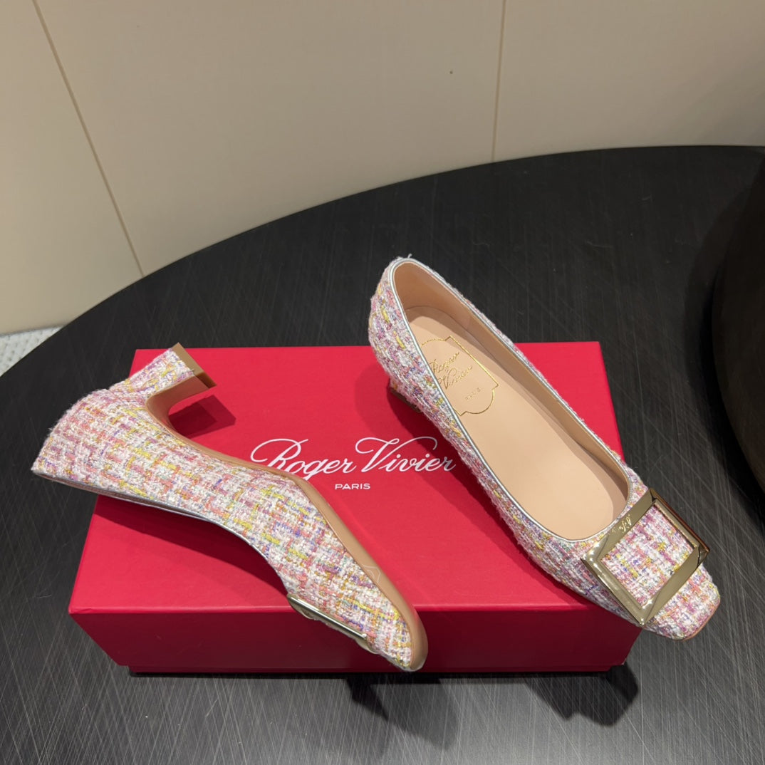 ROGER VIVIER 25S TROMPETTE SQUARE TOE HIGH HEELS 45MM IN PINK TWEED
