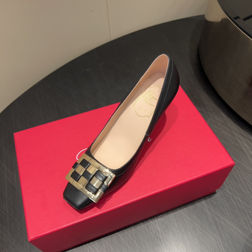 ROGER VIVIER 25S TROMPETTE SQUARE TOE HIGH HEELS 70MM IN BLACK SHINY CALFSKIN