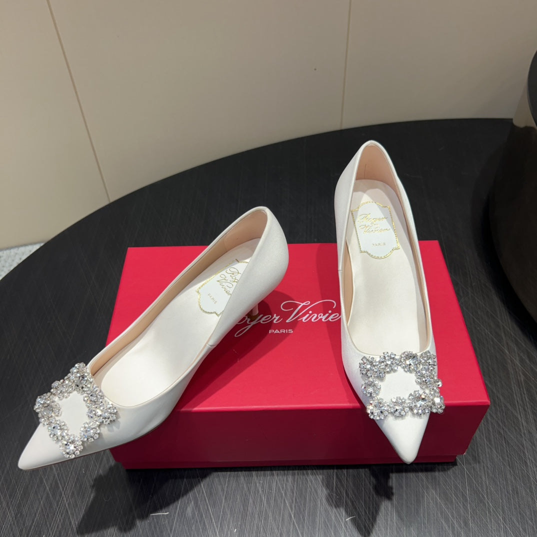 ROGER VIVIER 25S POINTED TOE HIGH HEELS 70MM IN IVORY SILK EMBELLISHED CRYSTALS