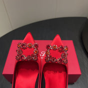 ROGER VIVIER 25S POINTED TOE HIGH HEELS 70MM IN BRIGHT RED SILK EMBELLISHED CRYSTALS