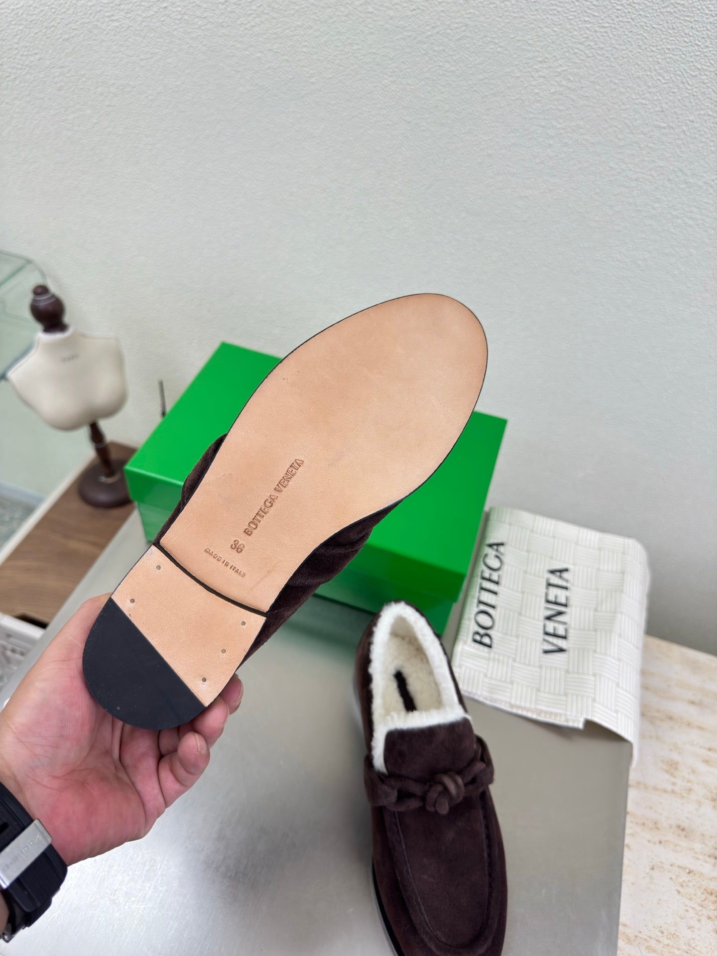 BOTTEGA VENETA 26S LOAFERS IN DARK BROWN SUEDE AND WHITE WOOL