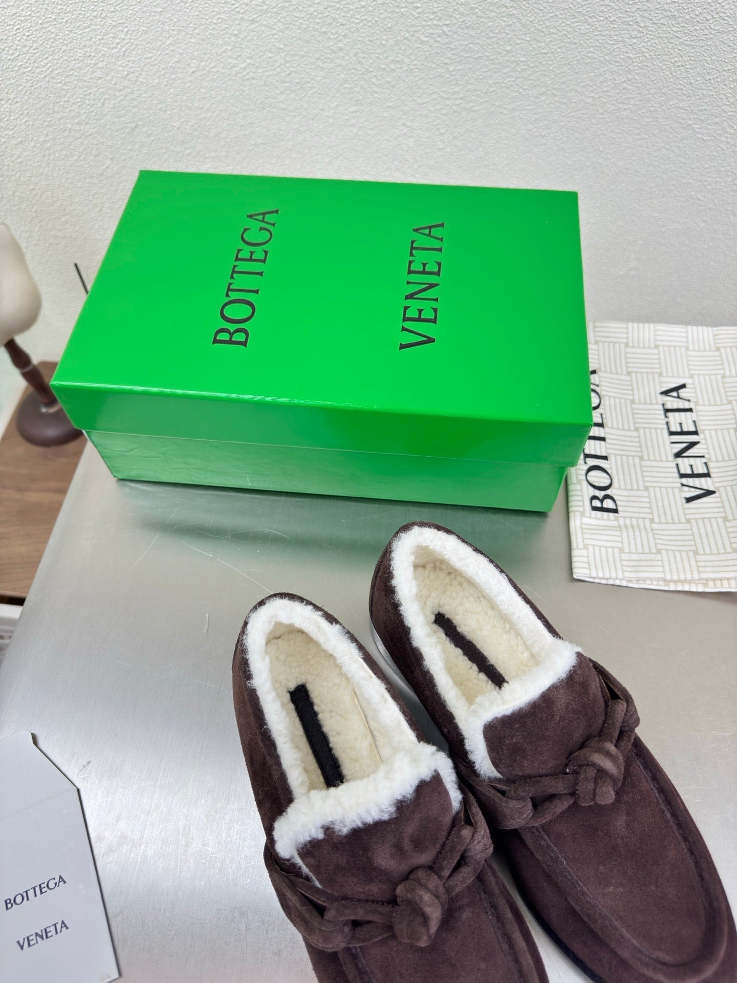 BOTTEGA VENETA 26S LOAFERS IN DARK BROWN SUEDE AND WHITE WOOL