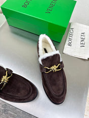 BOTTEGA VENETA 26S LOAFERS IN DARK BROWN SUEDE AND WHITE WOOL WITH GOLD HARDWARE