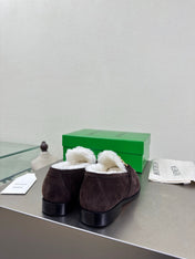 BOTTEGA VENETA 26S LOAFERS IN DARK BROWN SUEDE AND WHITE WOOL WITH GOLD HARDWARE