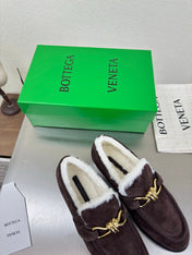 BOTTEGA VENETA 26S LOAFERS IN DARK BROWN SUEDE AND WHITE WOOL WITH GOLD HARDWARE