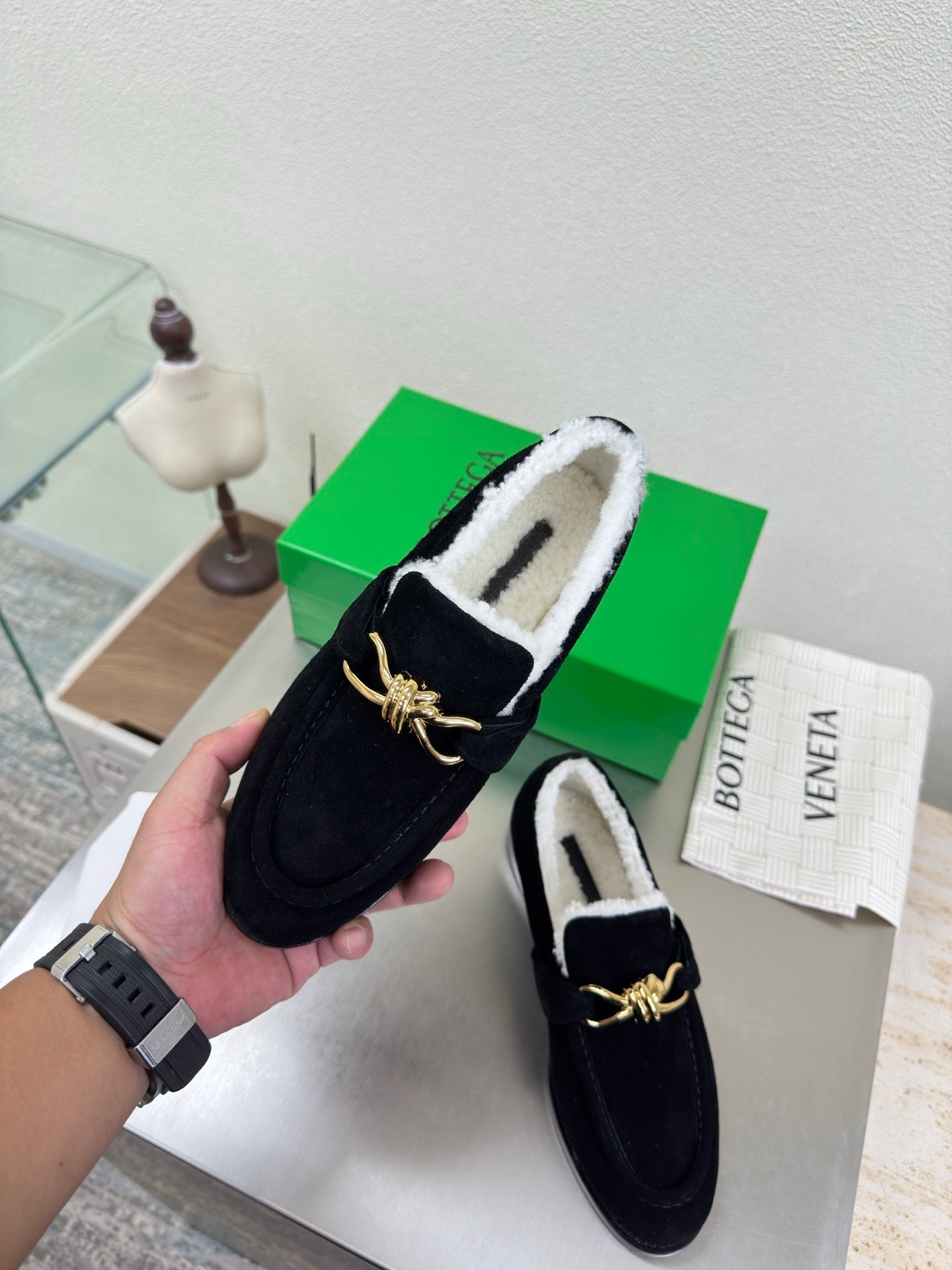 BOTTEGA VENETA 26S LOAFERS IN BLACK SUEDE AND WHITE WOOL WITH GOLD HARDWARE