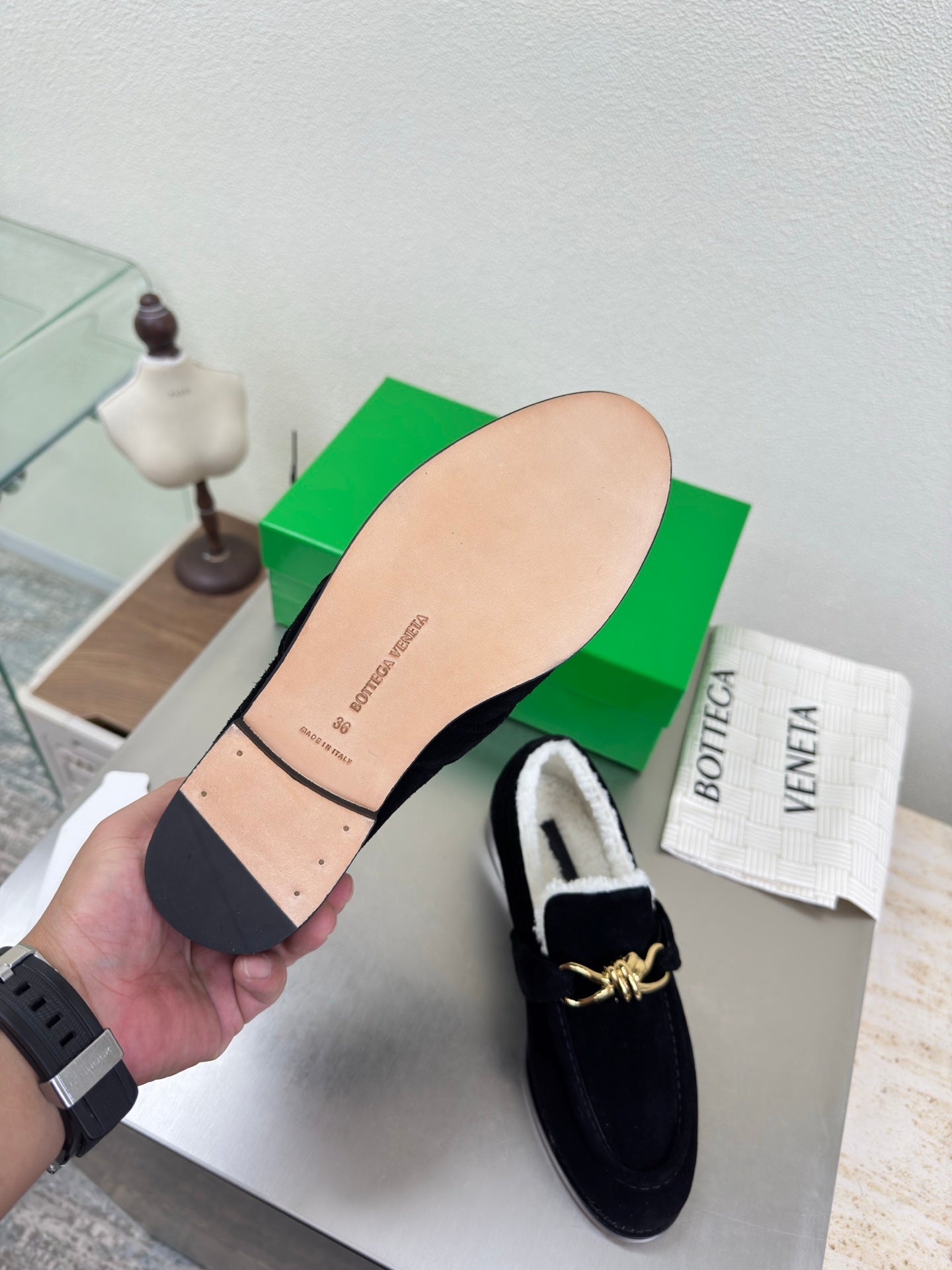 BOTTEGA VENETA 26S LOAFERS IN BLACK SUEDE AND WHITE WOOL WITH GOLD HARDWARE