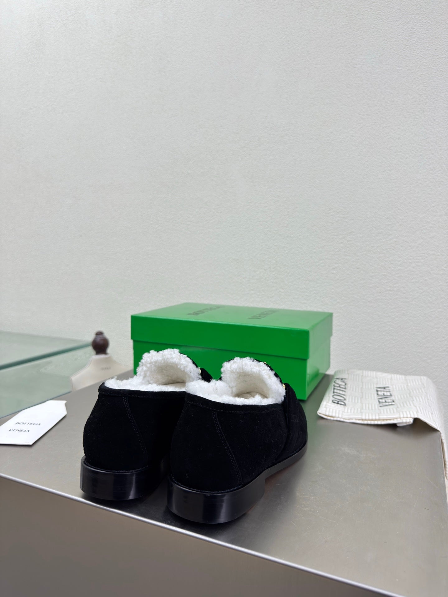 BOTTEGA VENETA 26S LOAFERS IN BLACK SUEDE AND WHITE WOOL WITH GOLD HARDWARE