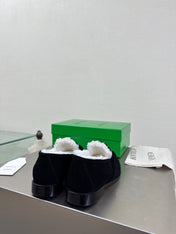 BOTTEGA VENETA 26S LOAFERS IN BLACK SUEDE AND WHITE WOOL WITH GOLD HARDWARE