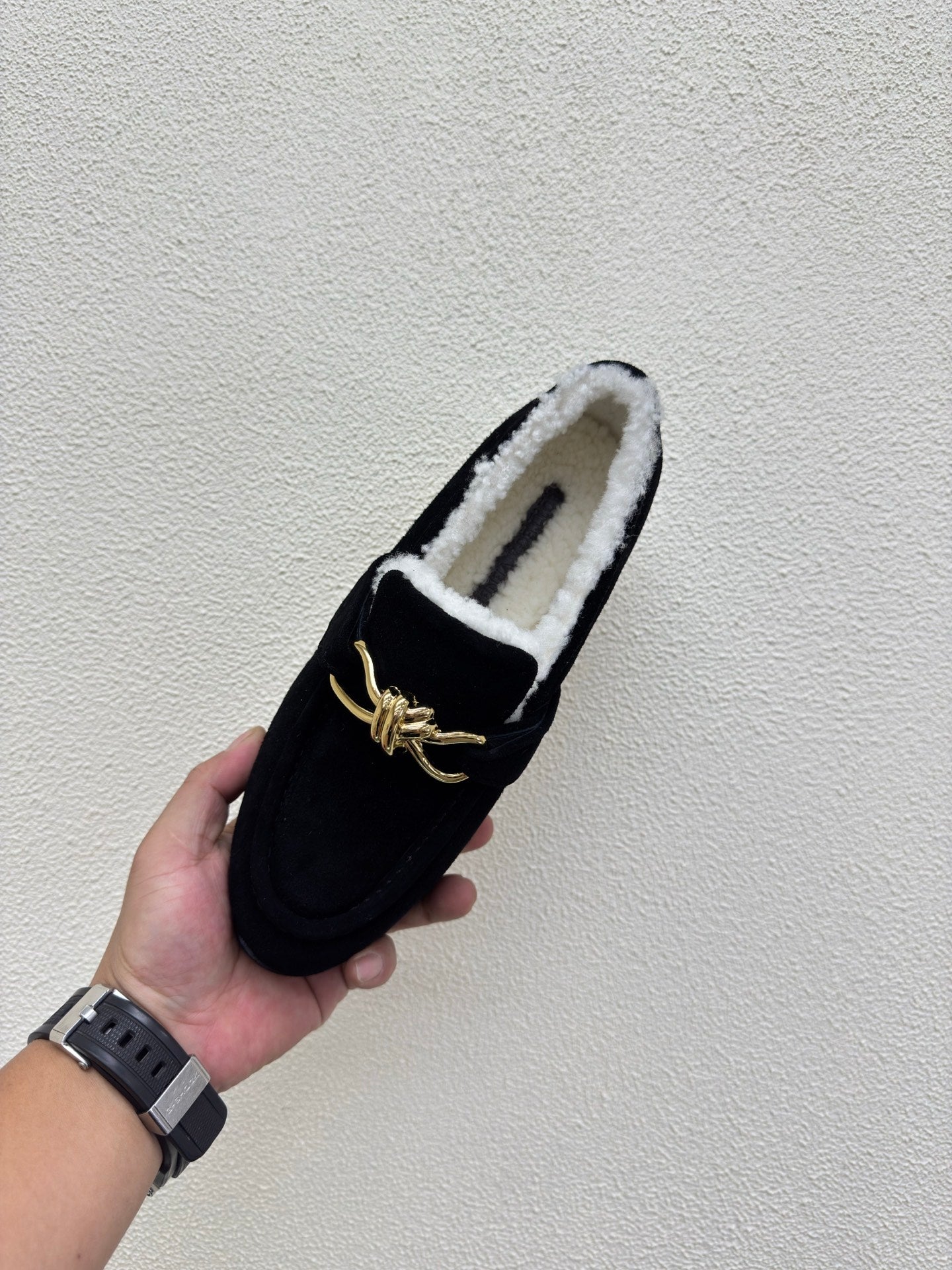 BOTTEGA VENETA 26S LOAFERS IN BLACK SUEDE AND WHITE WOOL WITH GOLD HARDWARE
