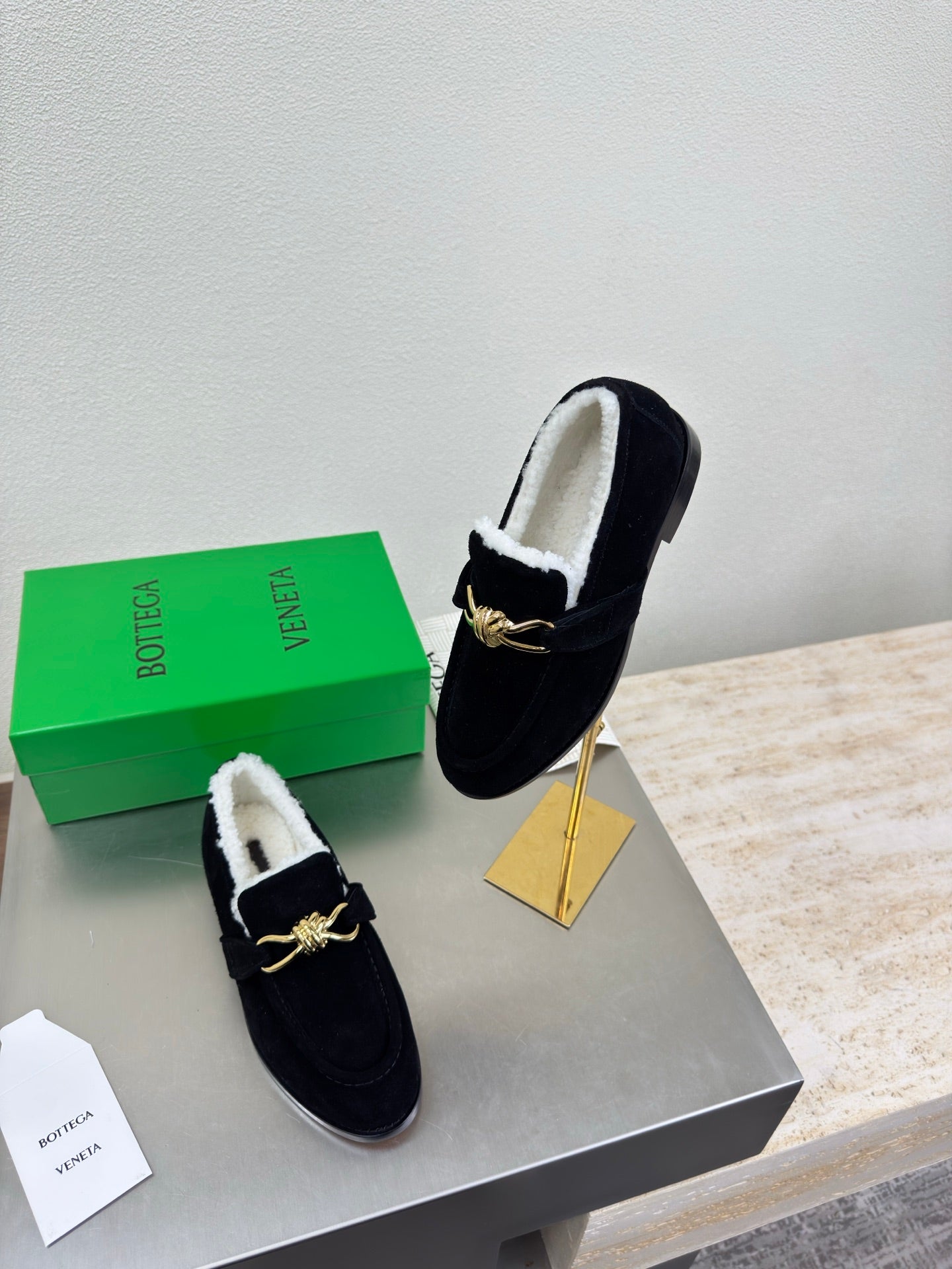 BOTTEGA VENETA 26S LOAFERS IN BLACK SUEDE AND WHITE WOOL WITH GOLD HARDWARE