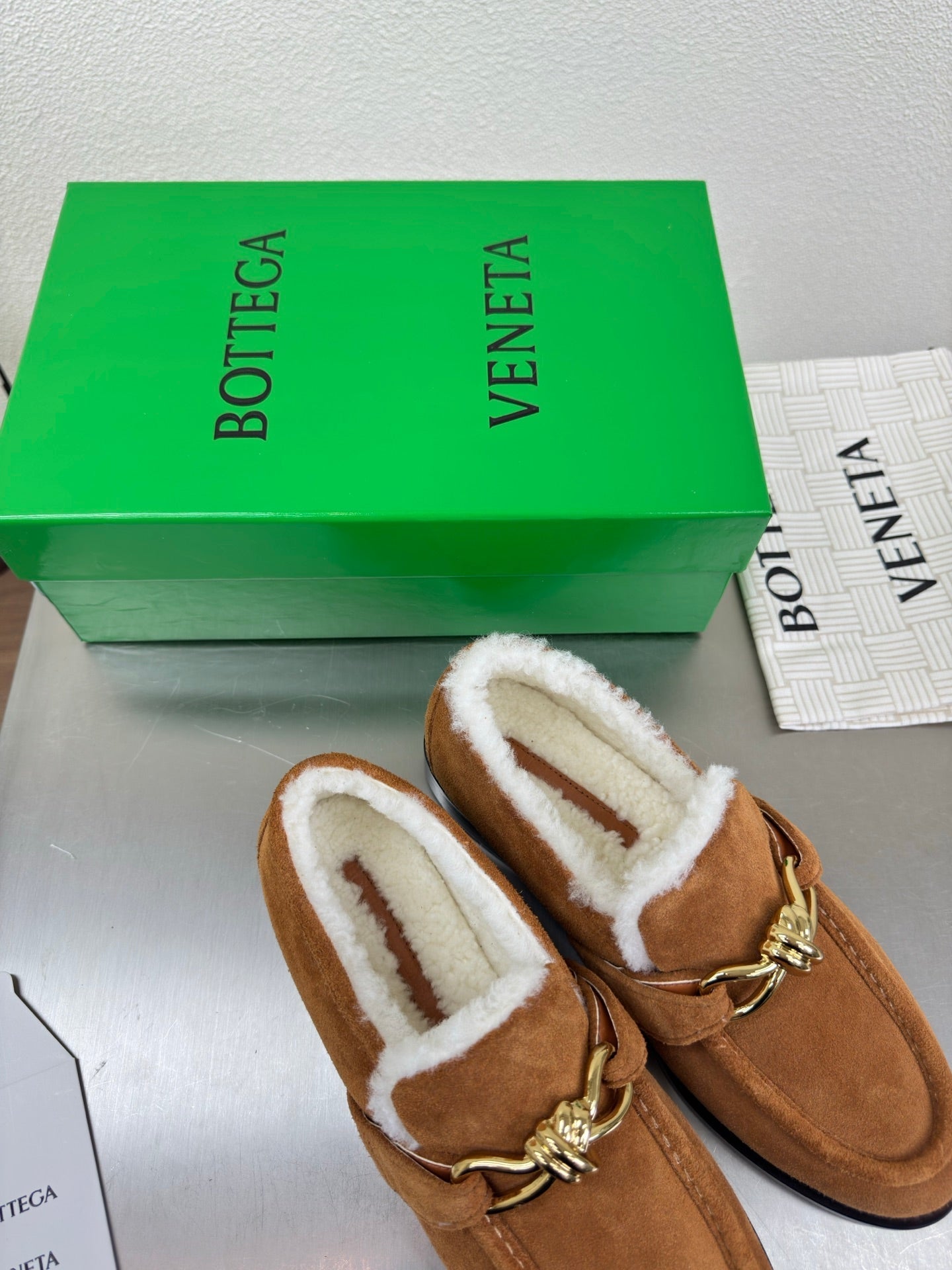 BOTTEGA VENETA 26S LOAFERS IN BROWN SUEDE AND WHITE WOOL WITH GOLD HARDWARE