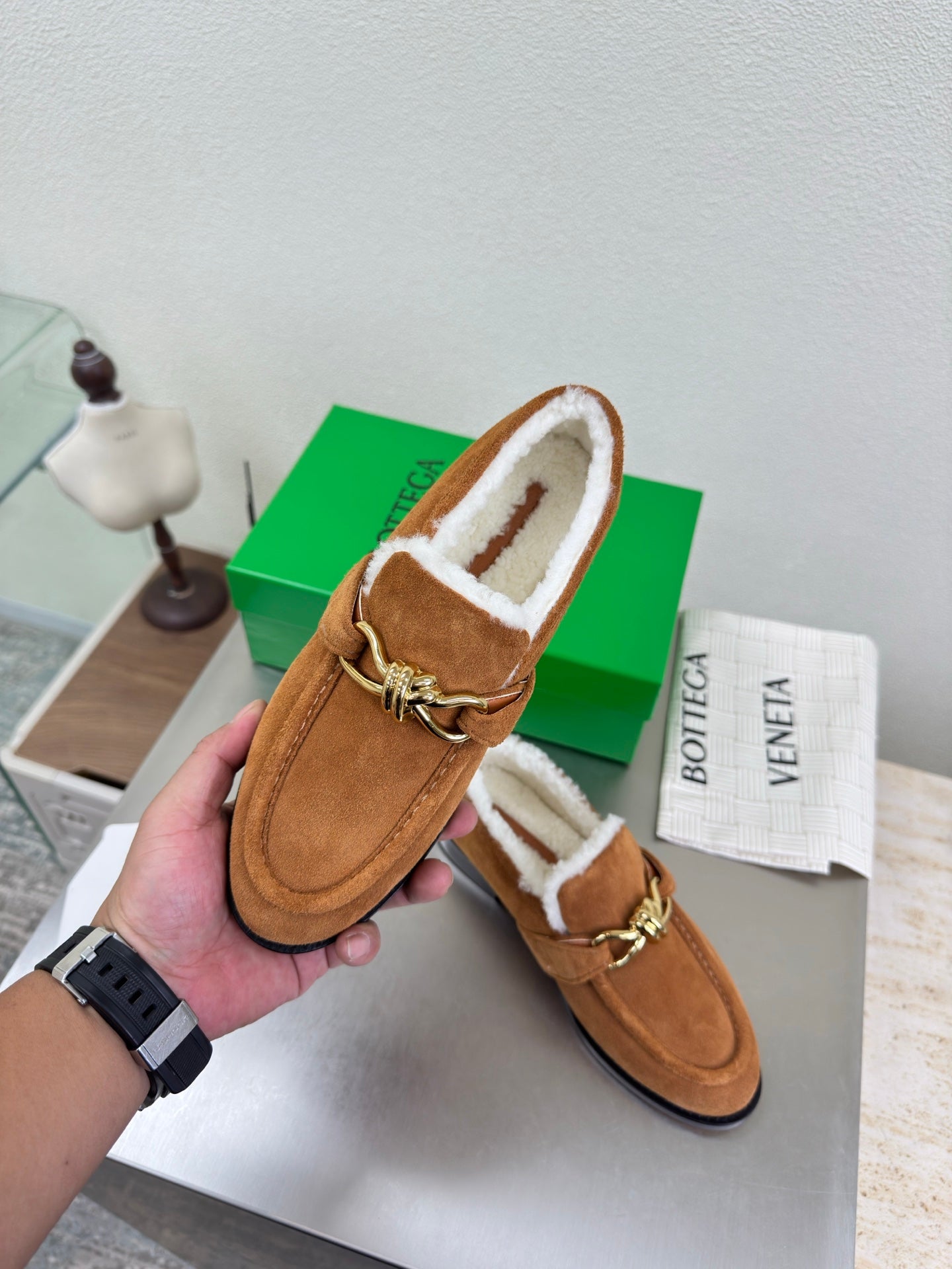 BOTTEGA VENETA 26S LOAFERS IN BROWN SUEDE AND WHITE WOOL WITH GOLD HARDWARE
