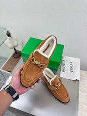 BOTTEGA VENETA 26S LOAFERS IN BROWN SUEDE AND WHITE WOOL WITH GOLD HARDWARE