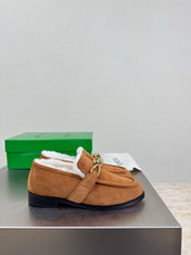 BOTTEGA VENETA 26S LOAFERS IN BROWN SUEDE AND WHITE WOOL WITH GOLD HARDWARE