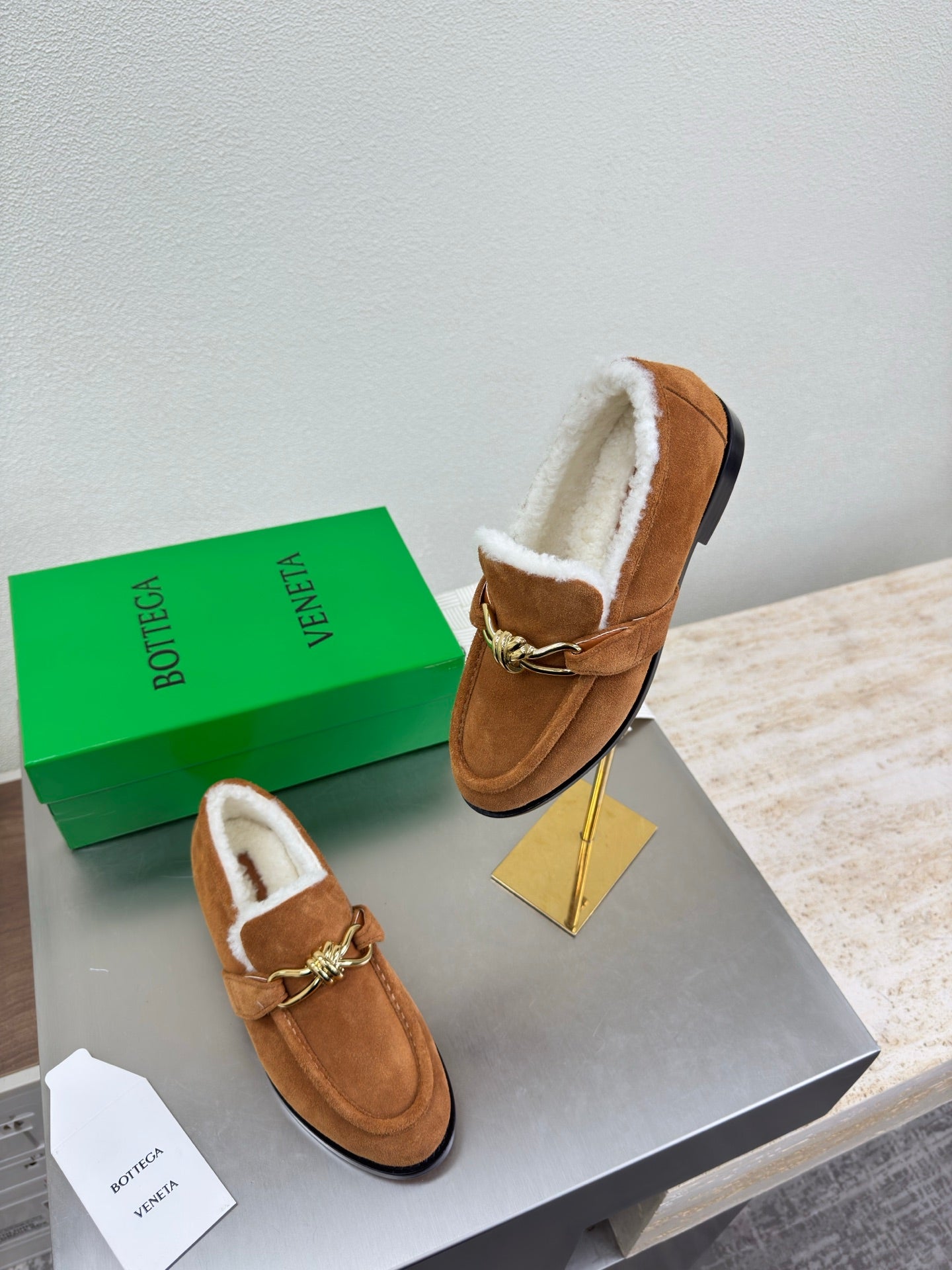 BOTTEGA VENETA 26S LOAFERS IN BROWN SUEDE AND WHITE WOOL WITH GOLD HARDWARE