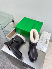 BOTTEGA VENETA 26S FUR-LINED BOOTS IN DARK BROWN CALFSKIN AND WHITE WOOL