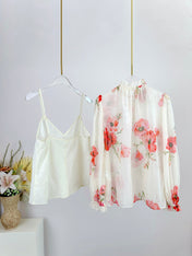 LONG-SLEEVE FLORAL PRINT CHIFFON TOP