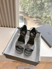 PLATFORM ANKLE STRAP HEELS IN BLACK ATTACHED RHINESTONES CALFSKIN