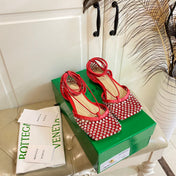 LACE-UP FLAT SANDAL IN RUBY RED METALLIZED MESH AND LEATHER WITH RHINSTONES