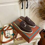 LP 26S LOCK CHARM MULES IN DARK BROWN SUEDE GOLD HARDWARE