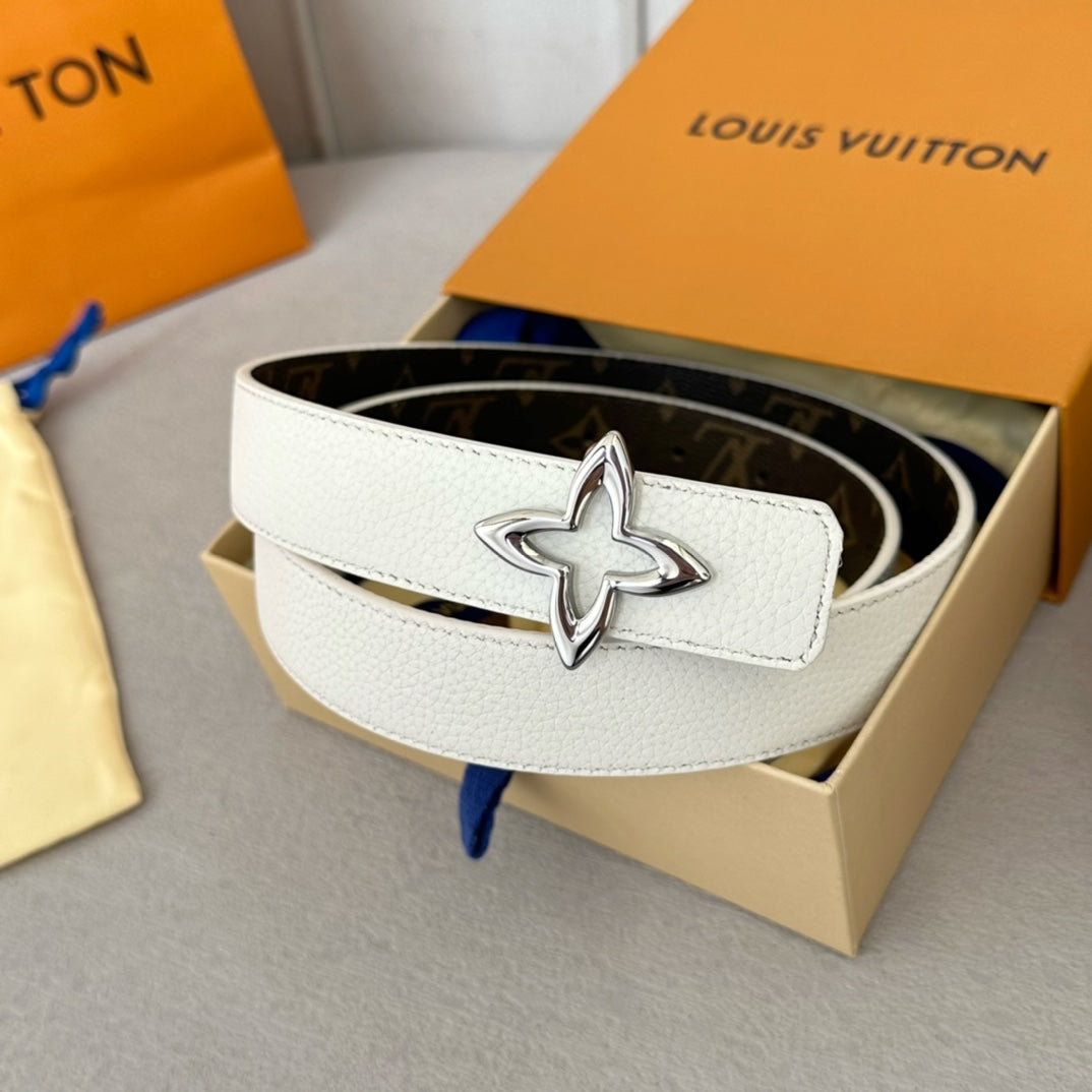 LV  MINI FLOWERGRAM 30MM REVERSIBLE BELT IN WHITE CALFSKIN SILVER HARDWARE