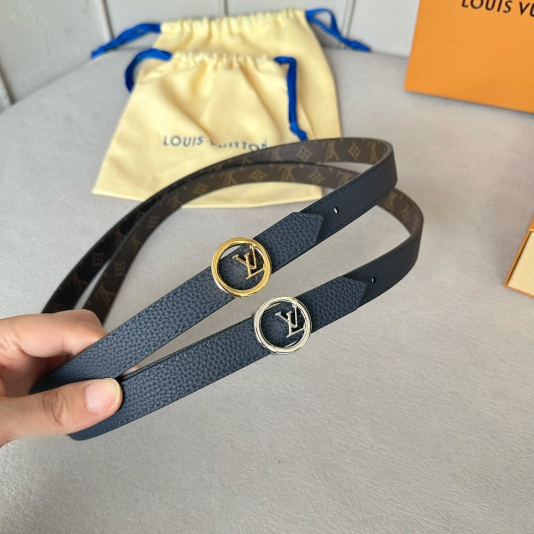 LV Circle 20mm Reversible Belt Silver Buckle Navy Blue Brown Leather