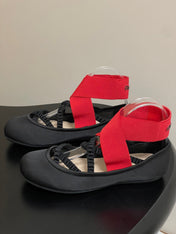 DIOR STRETCH BALLET FLATS 25S IN BLACK MIX RED FABRIC WITH CROSSED STRAPS