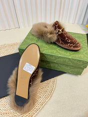 HORSEBIT MULE IN SYRUP BROWN MONOGRAM VELVET AND LAMB WOOL LINING