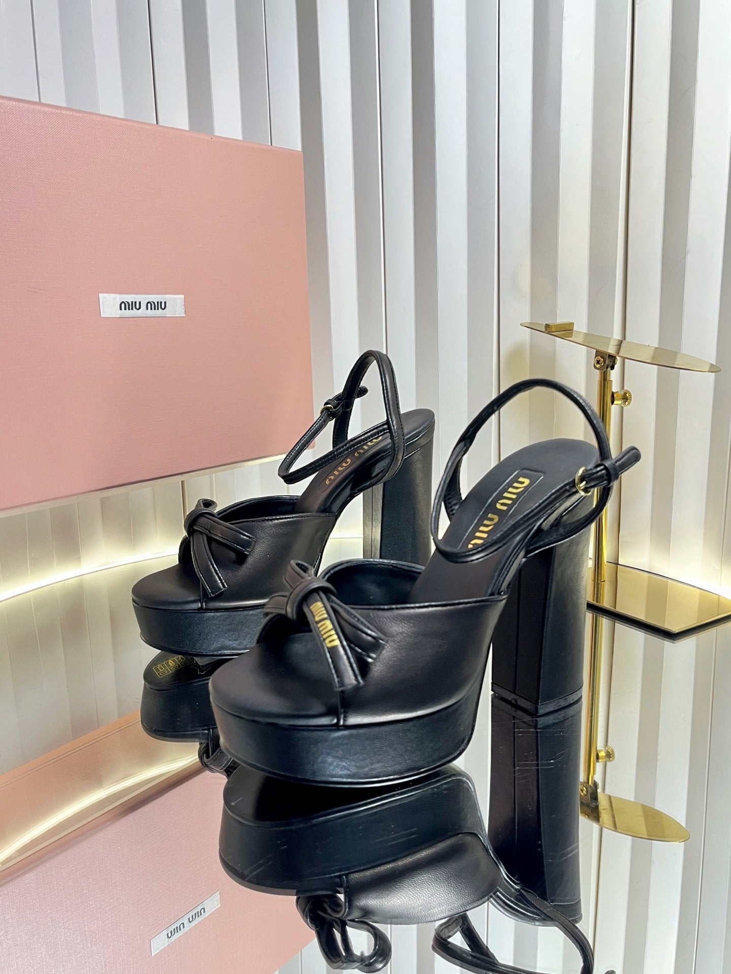 MIUMIU 26S PLATFORM ANKLE STRAP SANDALS 120MM IN BLACK CALFSKIN WITH BOW