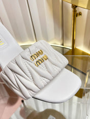 MIUMIU 26S HIGH-HEEL MULE SANDALS 85MM IN WHITE CALFSKIN GOLD HARDWARE