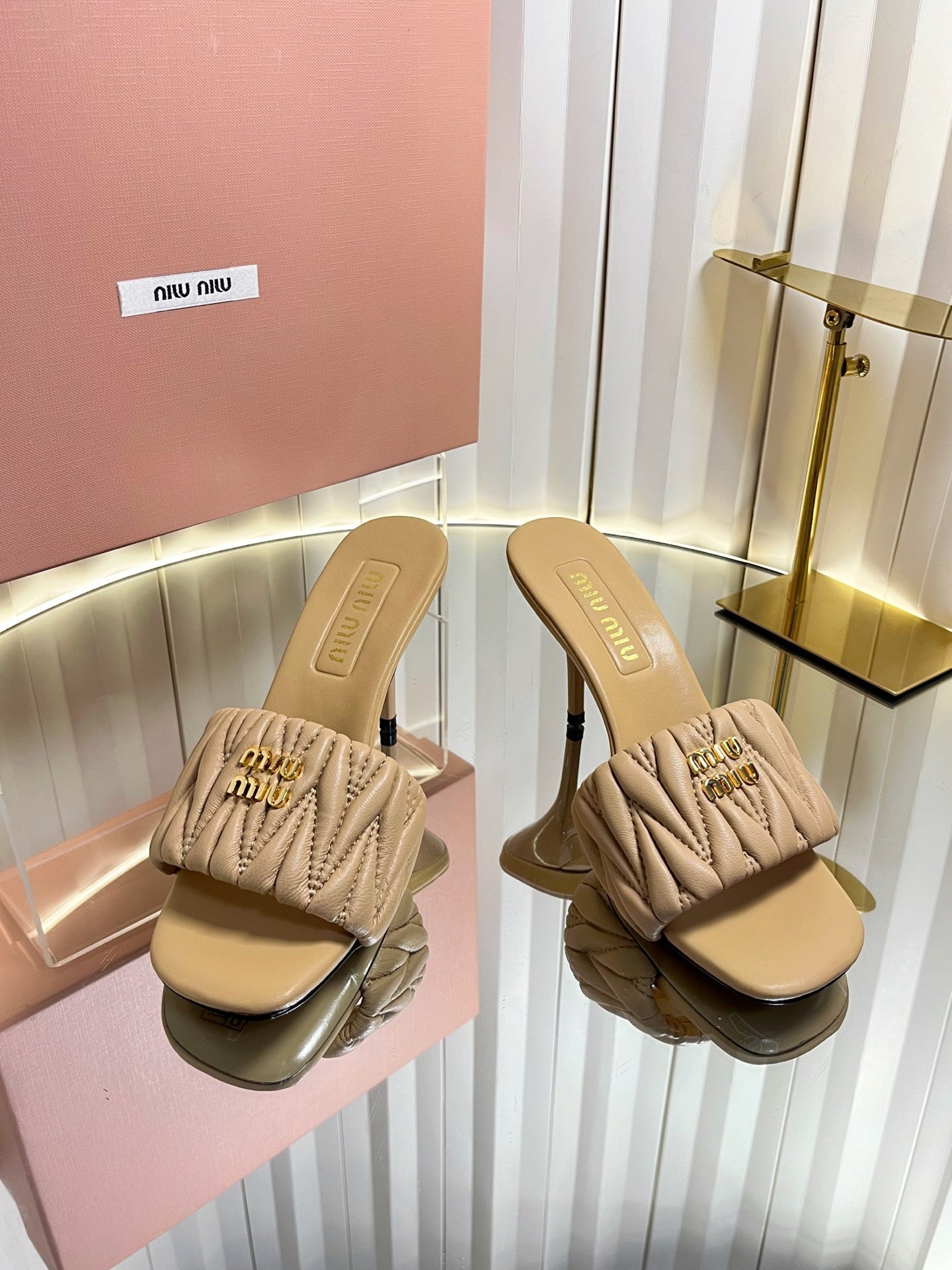 MIUMIU 26S HIGH-HEEL MULE SANDALS 85MM IN BEIGE CALFSKIN GOLD HARDWARE