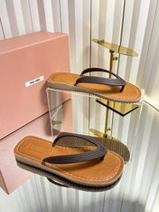 MIUMIU 26S THONG FLAT SANDALS IN DARK BROWN CALFSKIN