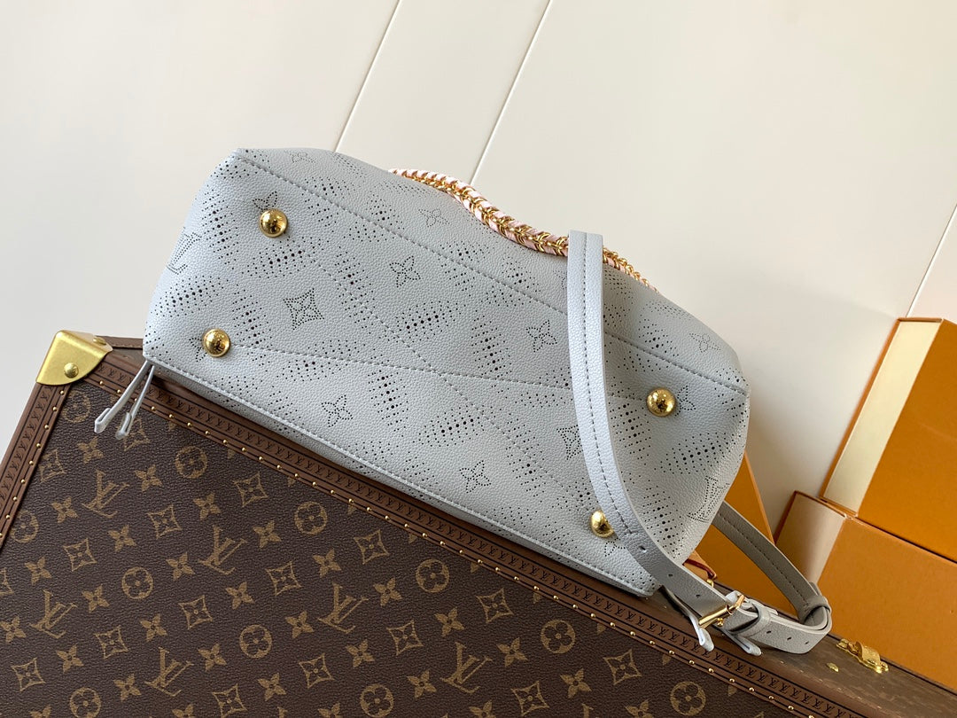LV 25S BELLA TOTE BAG 32 IN PINK GREY PERFORATED MAHINA CALFSKIN