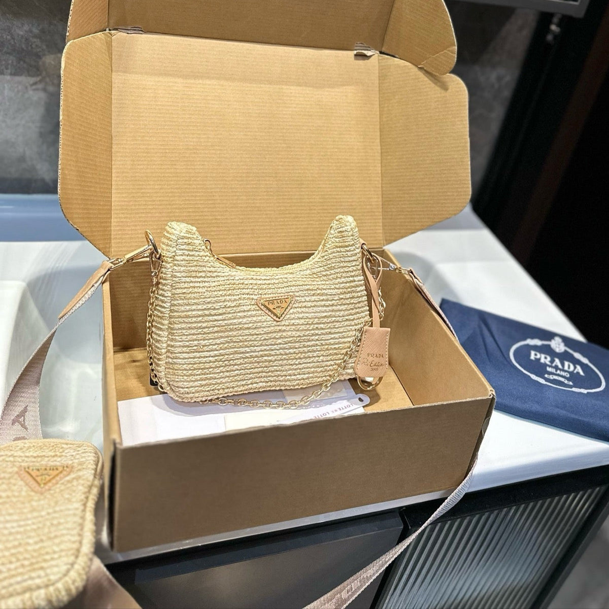HOBO CROCHET MINI BAG 20 IN BEIGE WOVEN RAFFIA GOLD HARDWARE