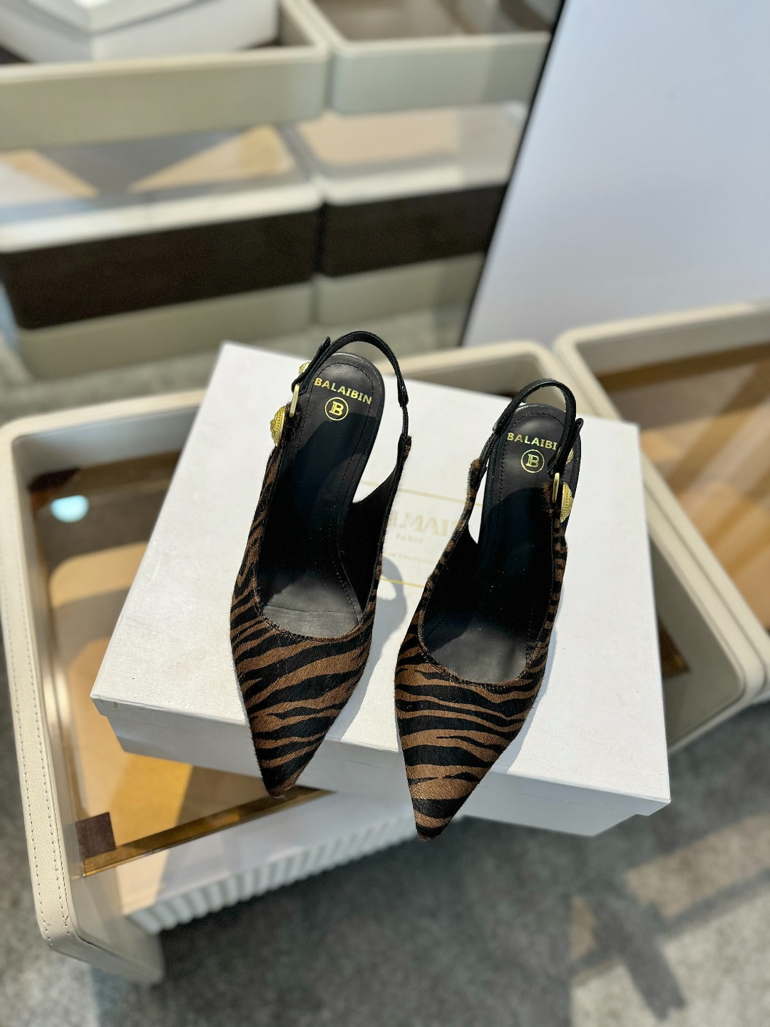 BALMAIN 25S SLINGBACK EVA 95MM IN BROWN AND BLACK ZEBRA PRINT CALFSKIN