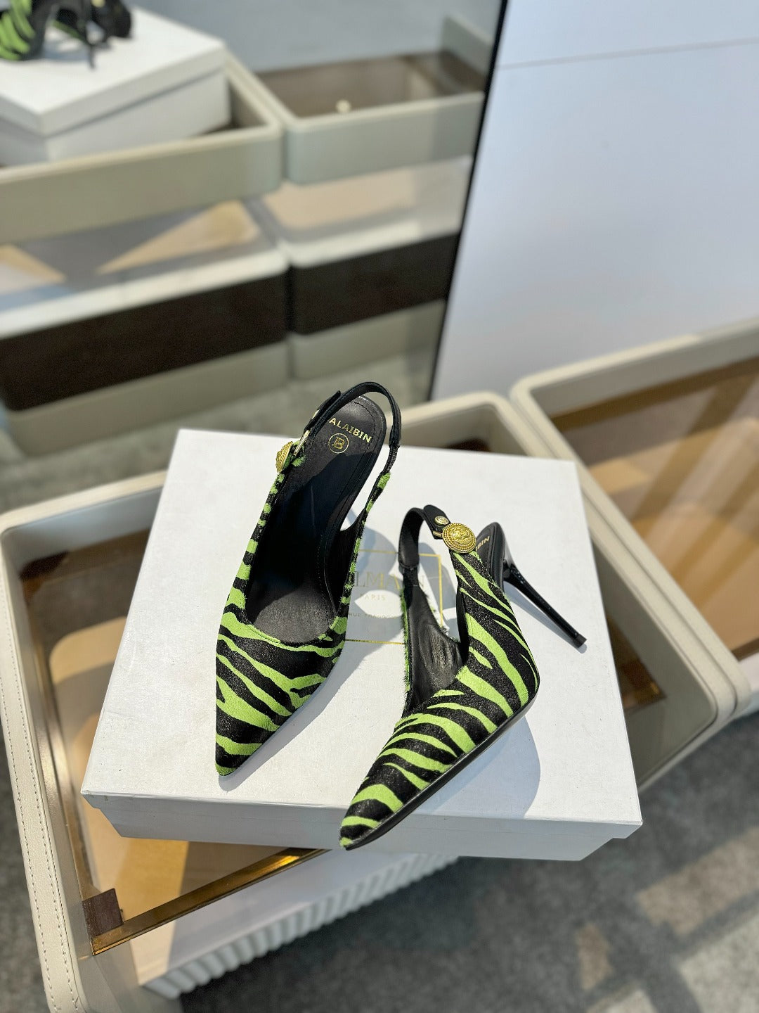 BALMAIN 25S SLINGBACK EVA 95MM IN GREEN AND BLACK ZEBRA PRINT CALFSKIN