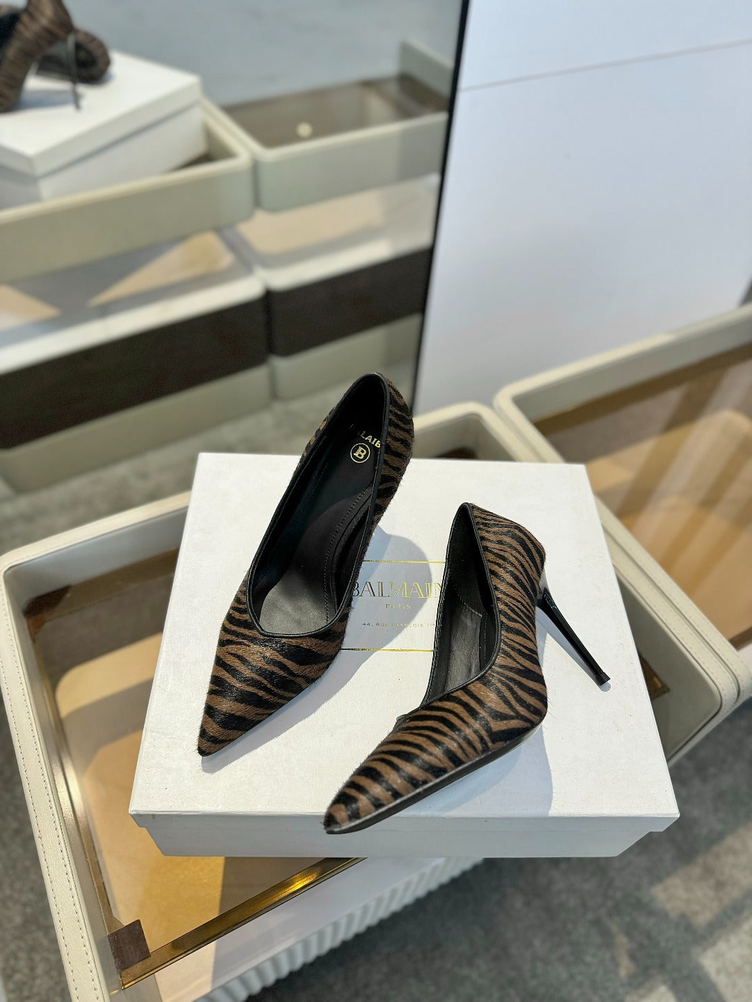 BALMAIN 25S HIGH HEELS 95MM IN BROWN AND BLACK ZEBRA PRINT CALFSKIN