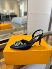 HIGH HEEL 75 MM SLINGBACK IN BLACK CALFSKIN WITH CRYSTAL