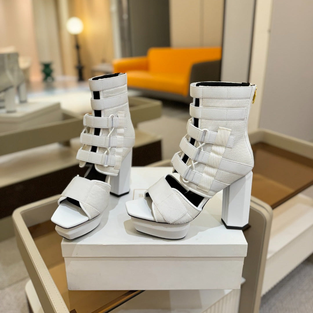 BALMAIN 25S UMA SANDALS 105MM IN WHITE VELCRO AND MESH