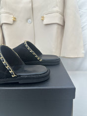CC Black Suede Gold Chain Mules