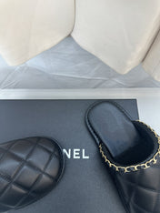 CC Black Lambskin Gold Chain Mules