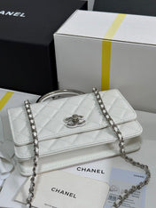 FLAP BAG WITH SILVER-TONE HANDLE 19 IN WHITE CAVIAR SKIN