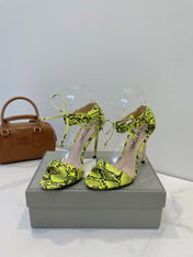 TOM FORD 26S HIGH HEEL SANDALS IN NEON YELLOW AND BLACK SNAKESKIN CALFSKIN