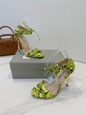 TOM FORD 26S HIGH HEEL SANDALS IN NEON YELLOW AND BLACK SNAKESKIN CALFSKIN