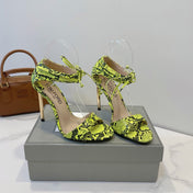 TOM FORD 26S HIGH HEEL SANDALS IN NEON YELLOW AND BLACK SNAKESKIN CALFSKIN