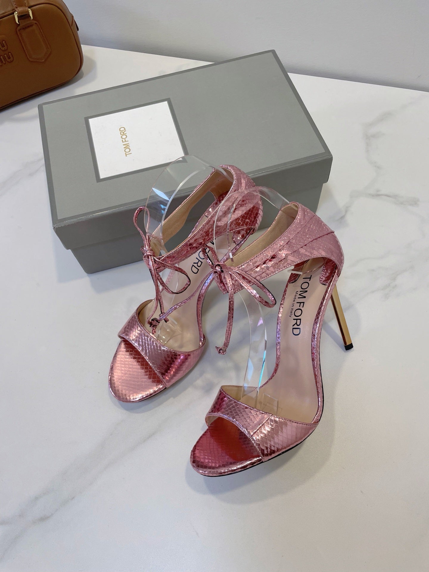 TOM FORD 26S HIGH HEEL SANDALS IN LIGHT METALLIC PINK SNAKESKIN CALFSKIN