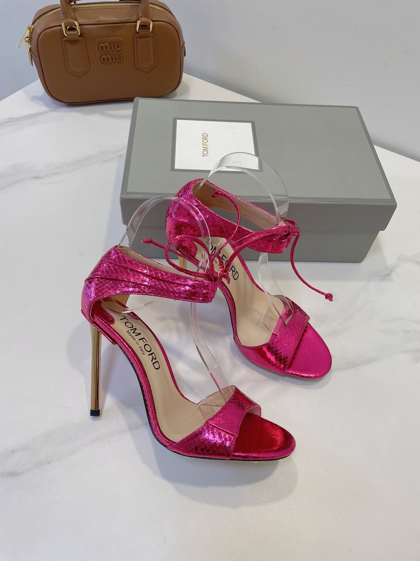 TOM FORD 26S HIGH HEEL SANDALS IN DARK METALLIC PINK SNAKESKIN CALFSKIN